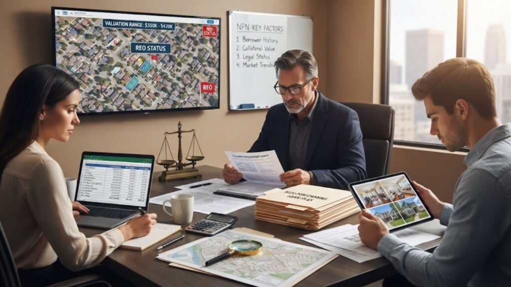 What are the key factors in non performing note acquisition and property valuation?